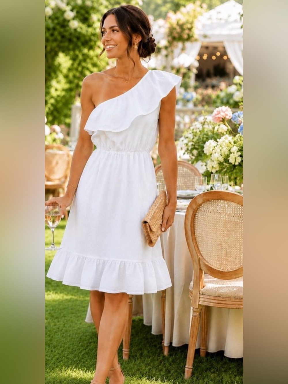 Valentina Naldi Italy White 100% Linen One-Shoulder Midi Dress Size L